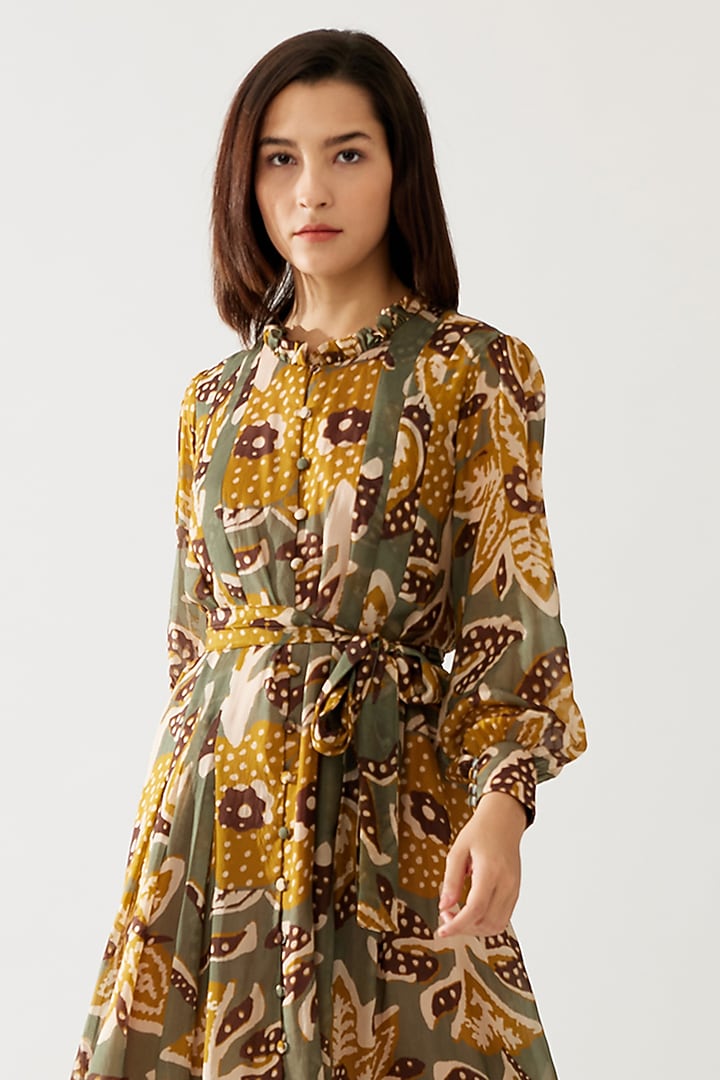 Olive Green & Mustard Cupro Chiffon Floral Maxi Vacation Dress by Koai at Pernia's Pop Up Shop