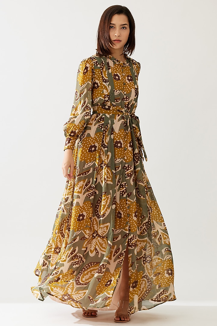 Olive Green & Mustard Cupro Chiffon Floral Maxi Vacation Dress by Koai at Pernia's Pop Up Shop