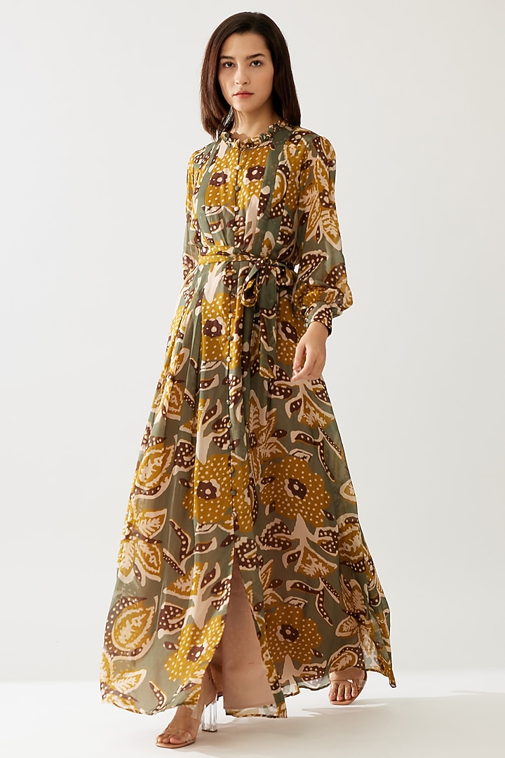 Olive Green & Mustard Cupro Chiffon Floral Maxi Vacation Dress by Koai at Pernia's Pop Up Shop