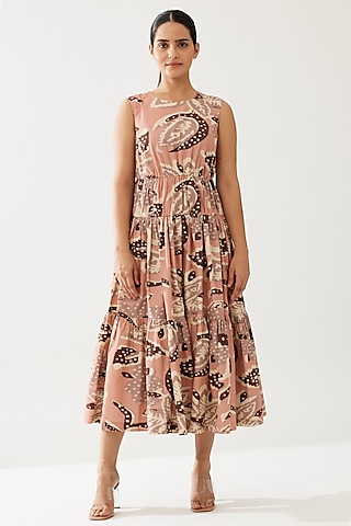 Peach & Cream Poplin Cotton Floral Midi Dress by Koai