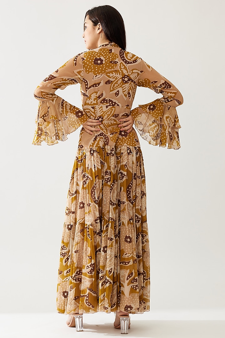 Pink & Mustard Chiffon Floral Printed Frill Vacation Dress by Koai at Pernia's Pop Up Shop