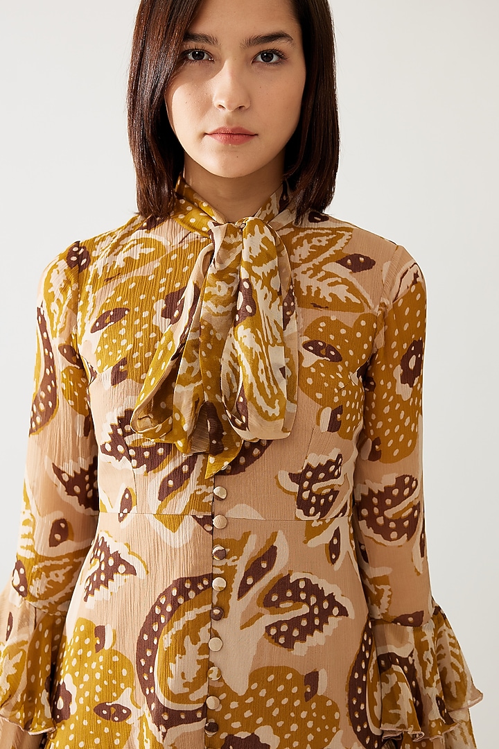 Pink & Mustard Chiffon Floral Printed Frill Vacation Dress by Koai at Pernia's Pop Up Shop