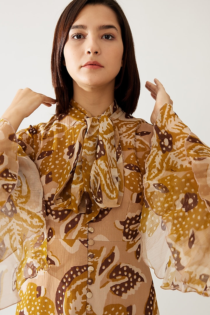 Pink & Mustard Chiffon Floral Printed Frill Vacation Dress by Koai at Pernia's Pop Up Shop