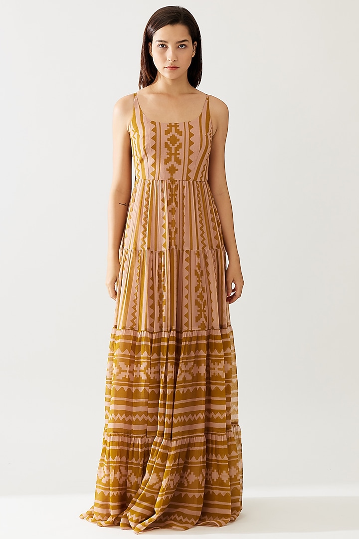 Pink & Mustard Chiffon Vacation Dress by Koai at Pernia's Pop Up Shop