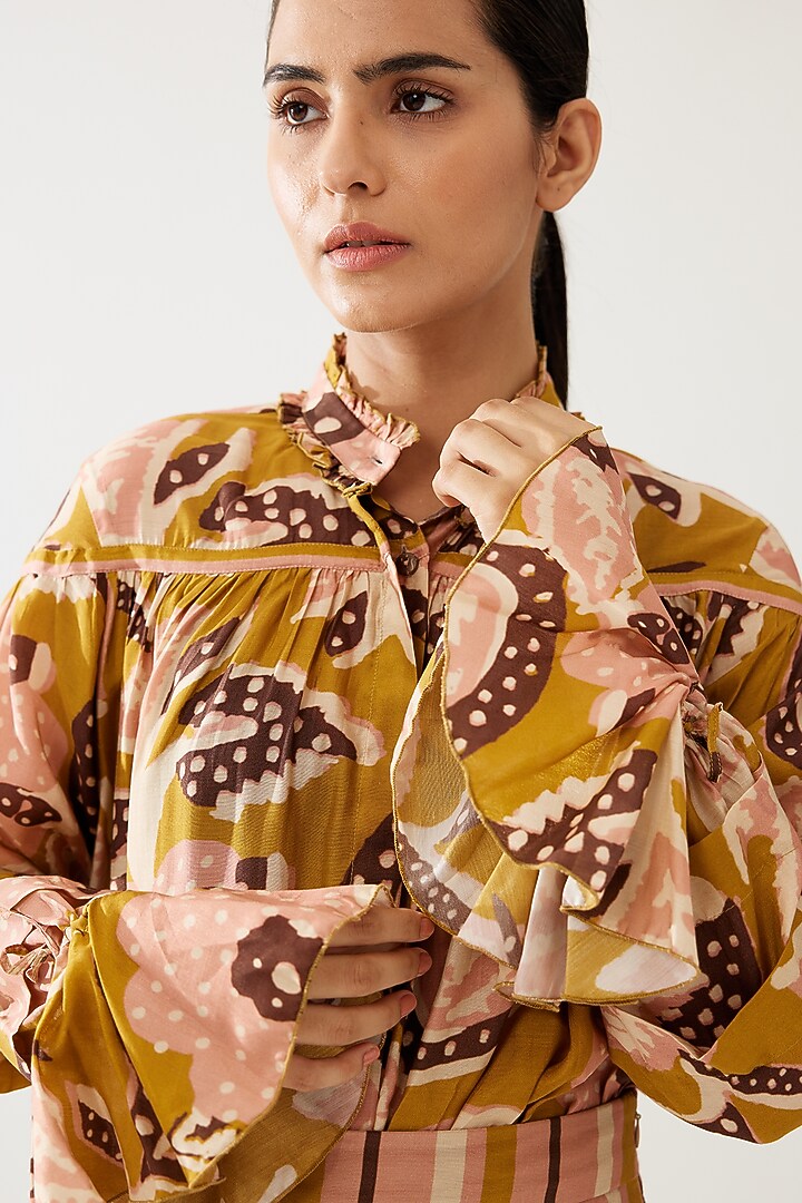 Mustard & Prink Cotton Silk Floral Printed Shirt by Koai at Pernia's Pop Up Shop