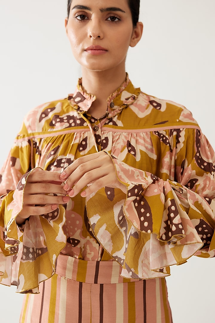 Mustard & Prink Cotton Silk Floral Printed Shirt by Koai at Pernia's Pop Up Shop