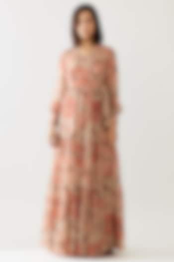 Grey & Peach Cupro Chiffon Floral Printed Wrap Maxi Dress by Koai