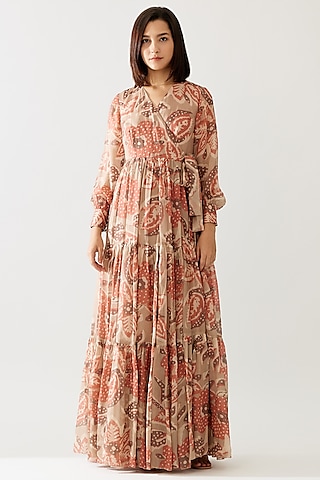 Grey & Peach Cupro Chiffon Floral Printed Wrap Maxi Dress by Koai