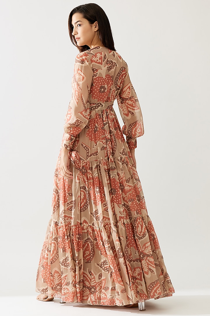 Grey & Peach Cupro Chiffon Floral Printed Wrap Maxi Vacation Dress by Koai at Pernia's Pop Up Shop