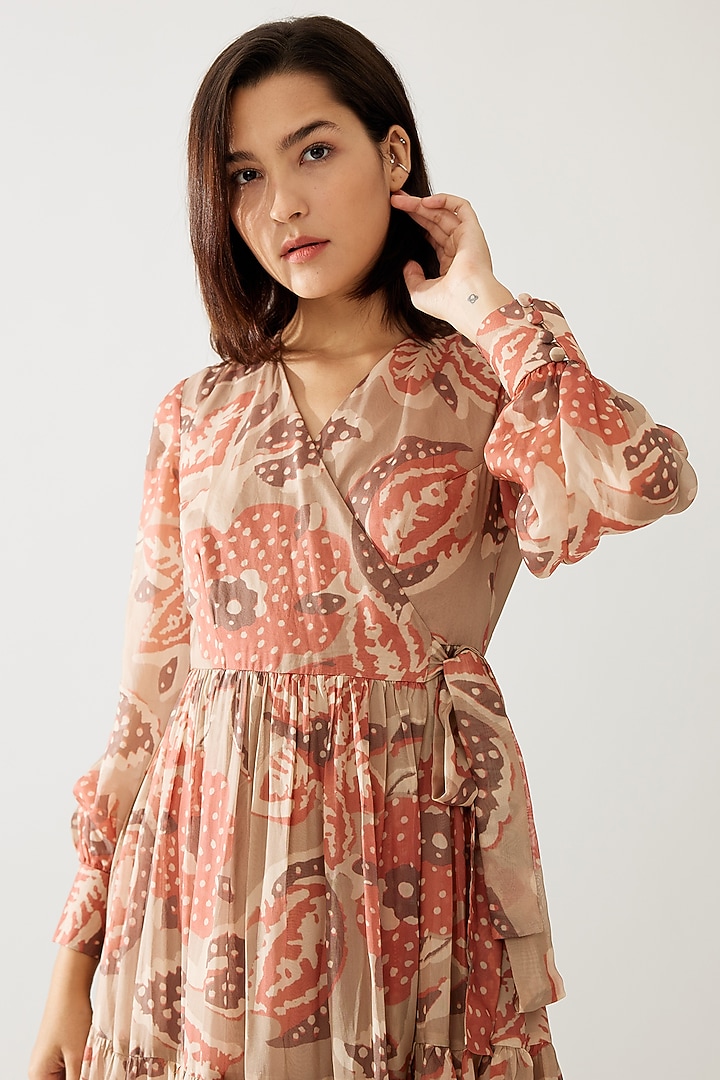 Grey & Peach Cupro Chiffon Floral Printed Wrap Maxi Vacation Dress by Koai at Pernia's Pop Up Shop
