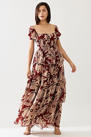 Red & Cream Cupro Chiffon Floral Printed Frill Dress by Koai