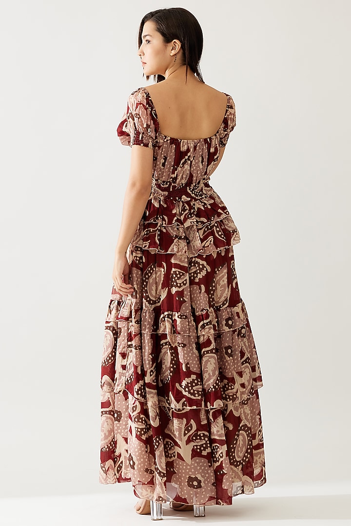 Red & Cream Cupro Chiffon Floral Printed Frill Vacation Dress by Koai at Pernia's Pop Up Shop