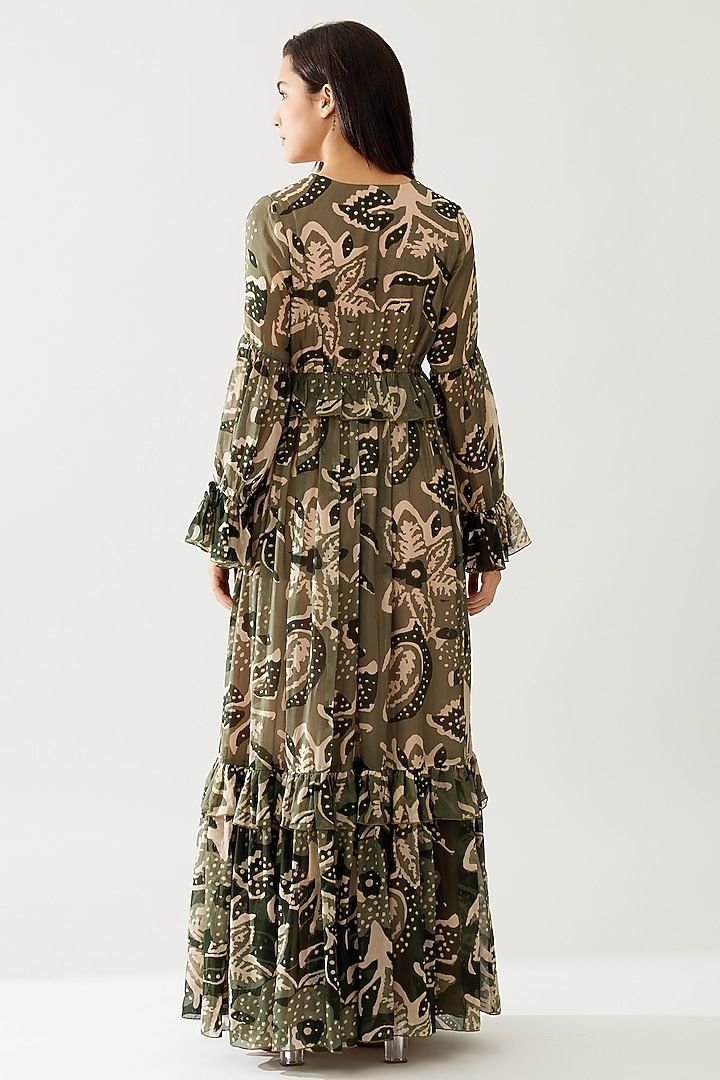 Green & Cream Cupro Chiffon Floral Printed Frilled Maxi Vacation Dress by Koai at Pernia's Pop Up Shop