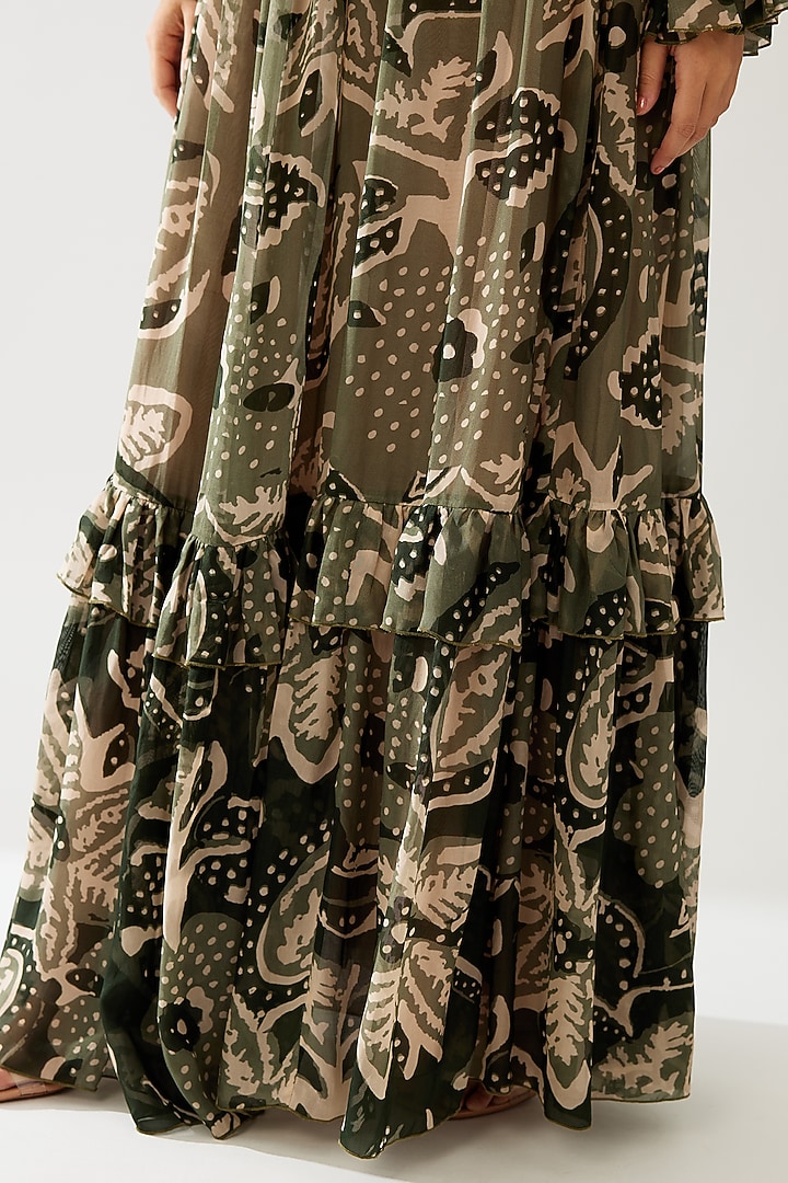 Green & Cream Cupro Chiffon Floral Printed Frilled Maxi Vacation Dress by Koai at Pernia's Pop Up Shop