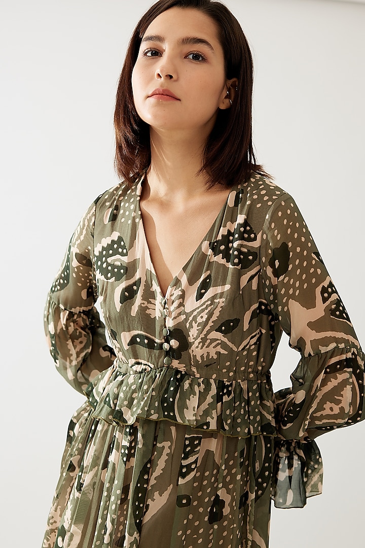 Green & Cream Cupro Chiffon Floral Printed Frilled Maxi Vacation Dress by Koai at Pernia's Pop Up Shop
