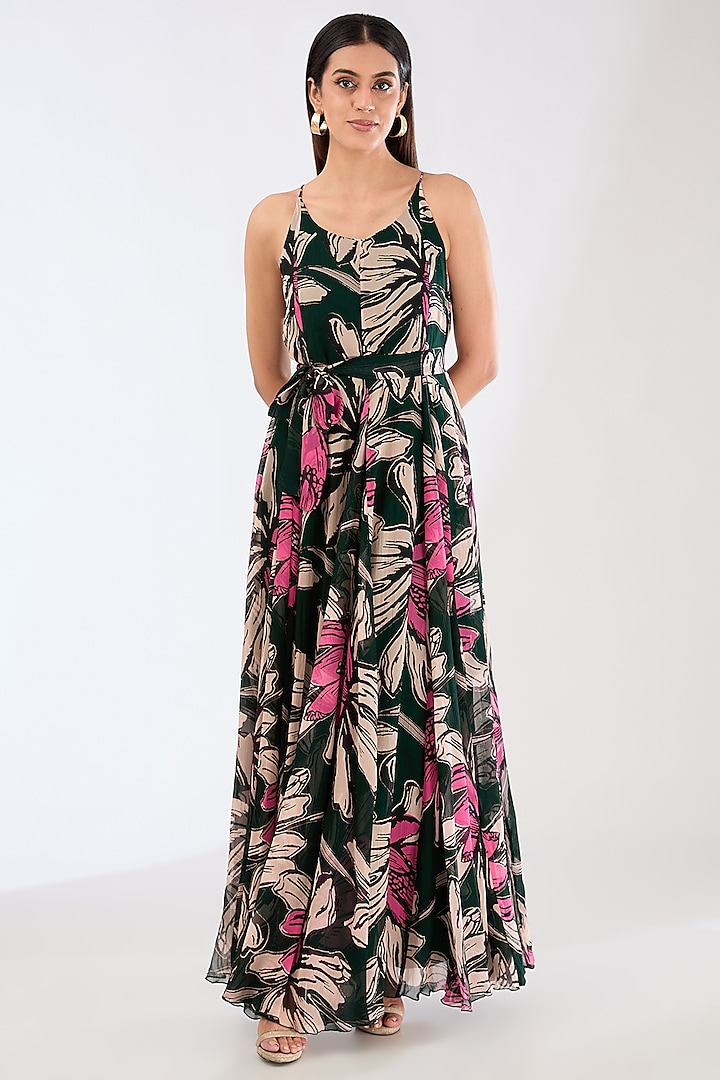 Green Chiffon Digital Floral Printed Maxi Dress With Belt by Koai at Pernia's Pop Up Shop