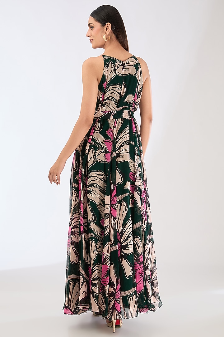 Green Chiffon Digital Floral Printed Maxi Vacation Dress With Belt by Koai at Pernia's Pop Up Shop