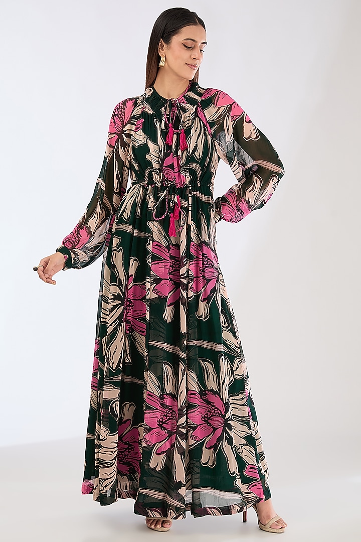 Green Chiffon Digital Floral Printed Kaftan Dress by Koai at Pernia's Pop Up Shop