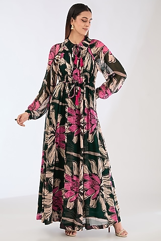 Green Chiffon Digital Floral Printed Kaftan Dress by Koai