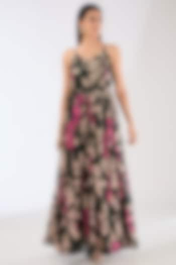 Green Chiffon Digital Floral Printed Maxi Dress With Belt by Koai