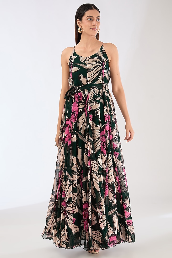 Green Chiffon Digital Floral Printed Maxi Dress With Belt by Koai