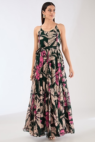 Green Chiffon Digital Floral Printed Maxi Dress With Belt by Koai