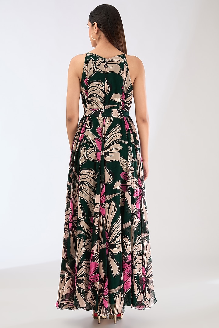 Green Chiffon Digital Floral Printed Maxi Vacation Dress With Belt by Koai at Pernia's Pop Up Shop