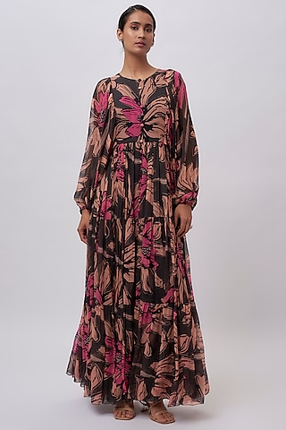 Green Chiffon Digital Printed Floral Dress by Koai