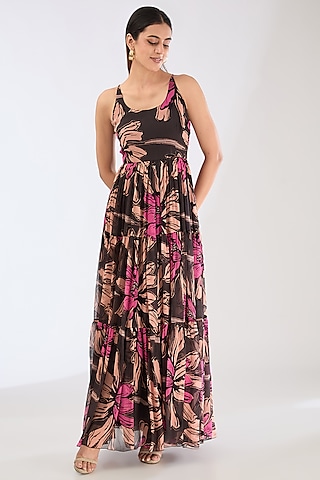 Green Chiffon Digital Floral Printed Maxi Dress With Belt by Koai