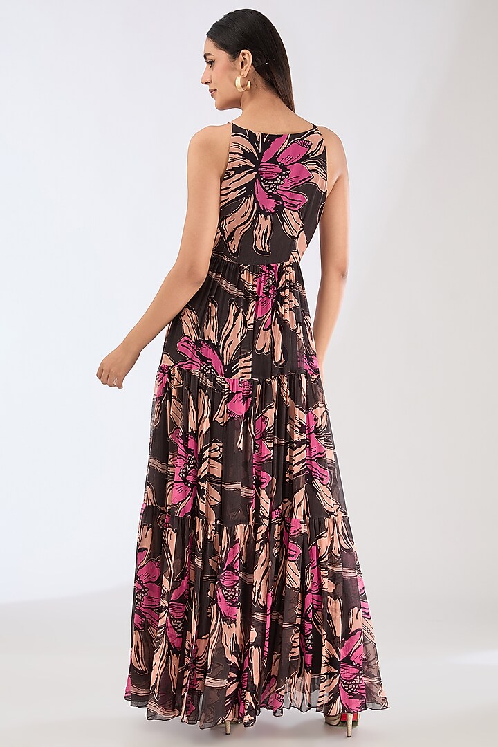 Green Chiffon Digital Floral Printed Maxi Vacation Dress With Belt by Koai at Pernia's Pop Up Shop