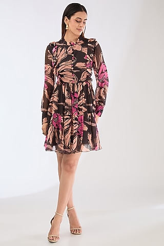 Green Chiffon Digital Floral Printed Mini Dress by Koai