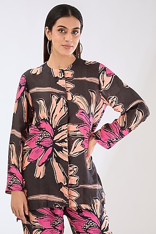 Green Cotton Silk Digital Floral Printed Shirt by Koai