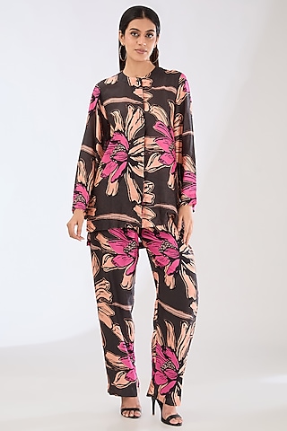 Green Cotton Silk Digital Floral Printed Pants by Koai