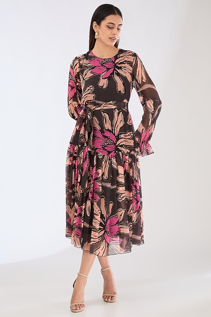 Green Chiffon Digital Floral Printed Midi Dress With Belt by Koai