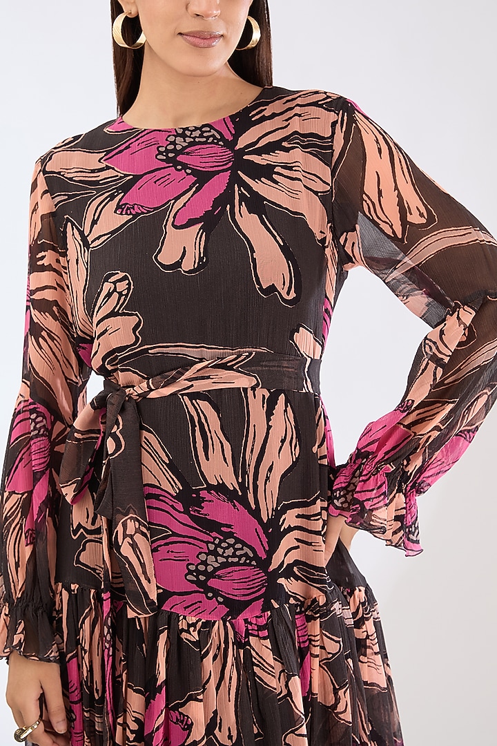 Green Chiffon Digital Floral Printed Midi Vacation Dress With Belt by Koai at Pernia's Pop Up Shop