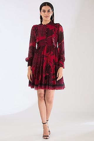 Hot Pink Chiffon Digital Floral Printed Mini Dress by Koai