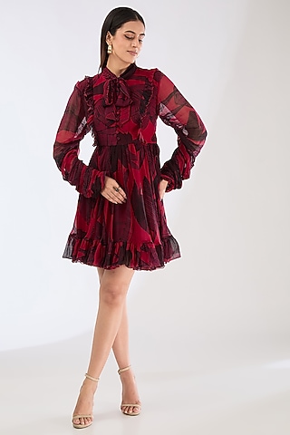 Hot Pink Chiffon Digital Floral Printed Mini Dress by Koai