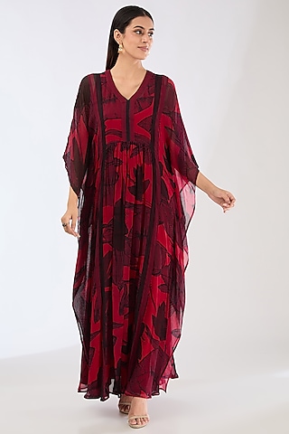 Hot Pink Chiffon Digital Floral Printed Kaftan Dress by Koai