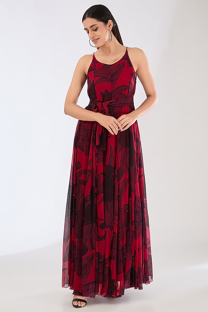 Hot Pink Chiffon Digital Floral Printed Maxi Dress With Belt by Koai at Pernia's Pop Up Shop