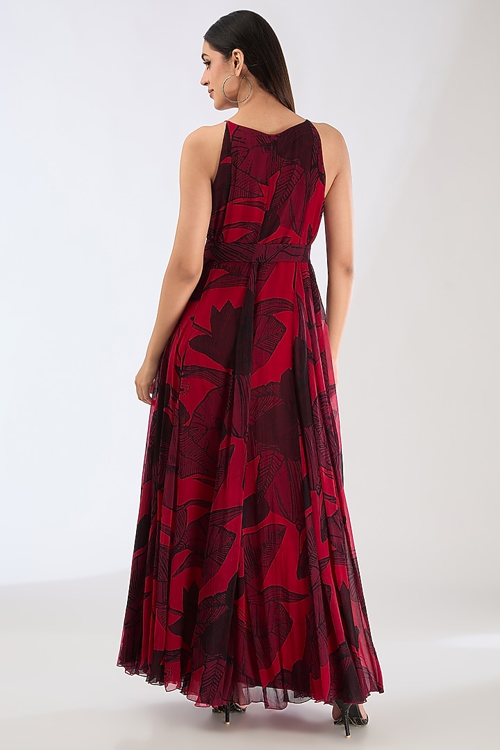 Hot Pink Chiffon Digital Floral Printed Maxi Vacation Dress With Belt by Koai at Pernia's Pop Up Shop