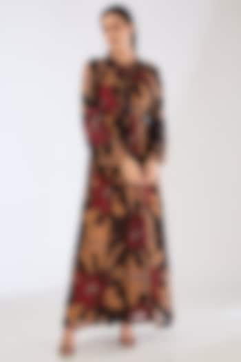 Orange & Brown Chiffon Digital Floral Printed Kaftan Dress by Koai at Pernia's Pop Up Shop