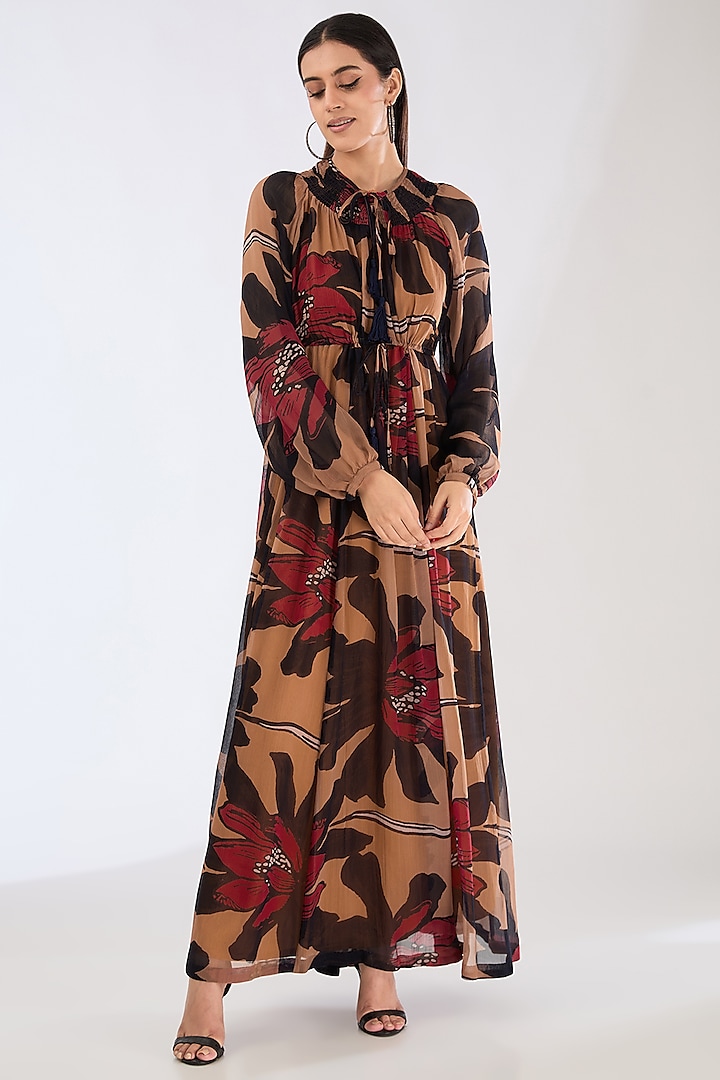 Orange & Brown Chiffon Digital Floral Printed Kaftan Dress by Koai at Pernia's Pop Up Shop