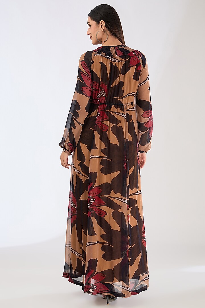 Orange & Brown Chiffon Digital Floral Printed Kaftan Vacation Dress by Koai at Pernia's Pop Up Shop