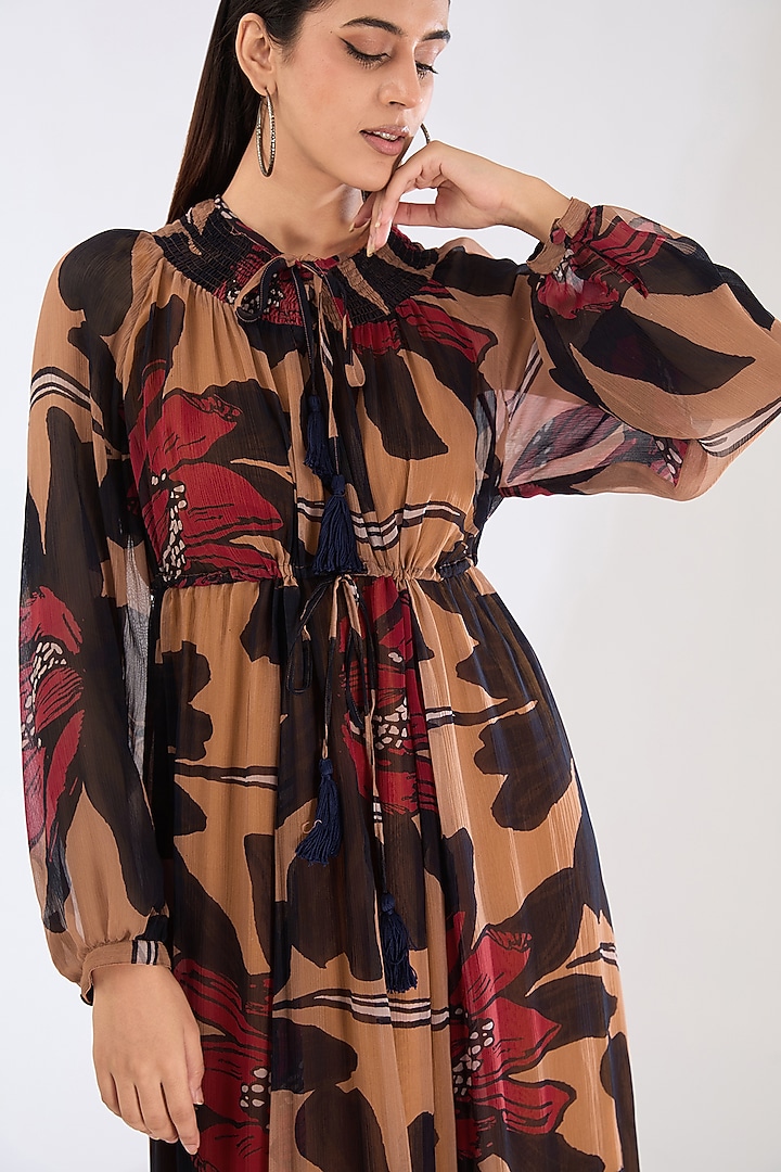 Orange & Brown Chiffon Digital Floral Printed Kaftan Vacation Dress by Koai at Pernia's Pop Up Shop