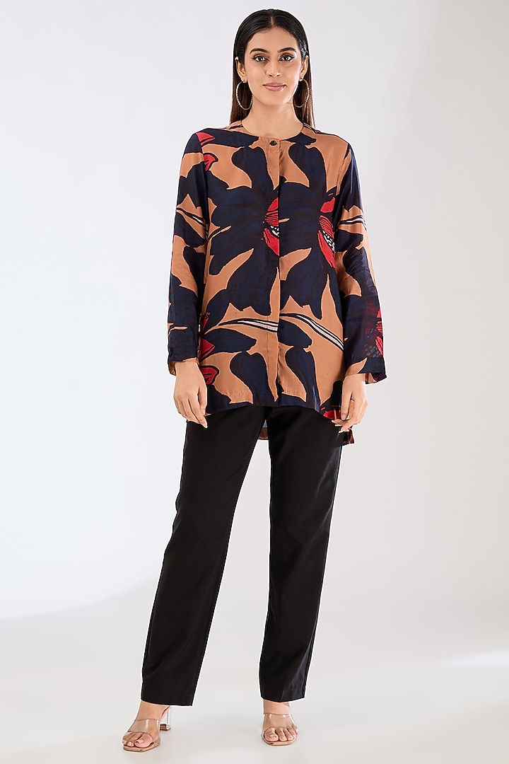 Orange & Brown Chiffon Digital Floral Printed Shirt by Koai at Pernia's Pop Up Shop