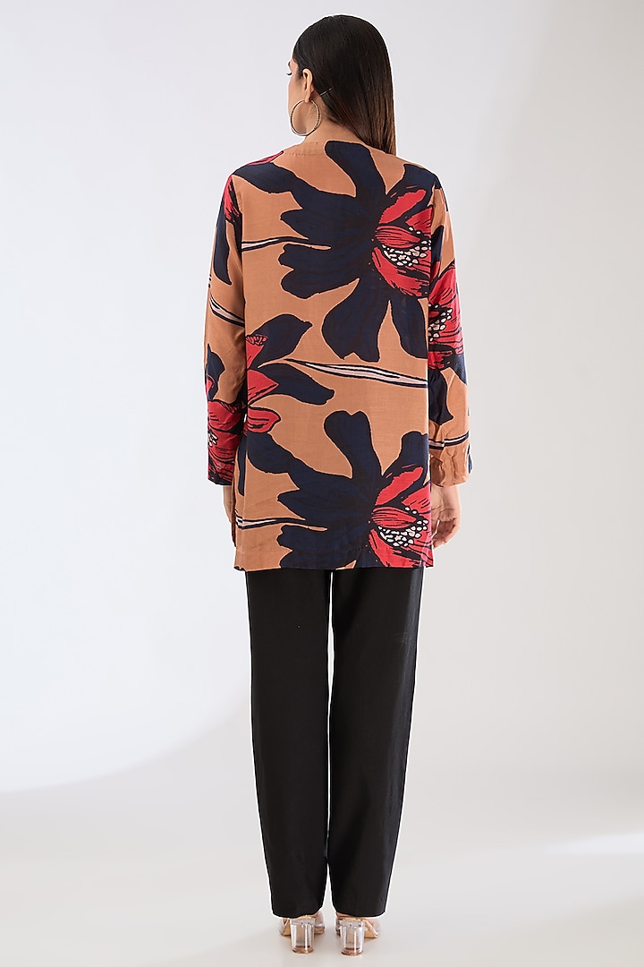 Orange & Brown Chiffon Digital Floral Printed Shirt by Koai at Pernia's Pop Up Shop