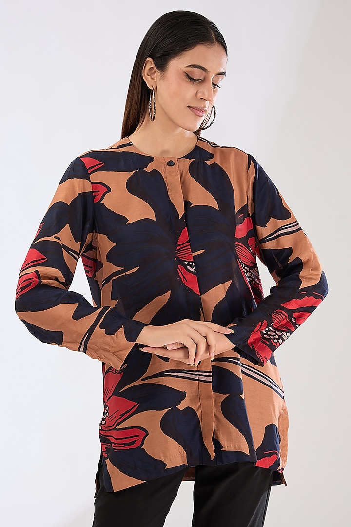 Orange & Brown Chiffon Digital Floral Printed Shirt by Koai at Pernia's Pop Up Shop