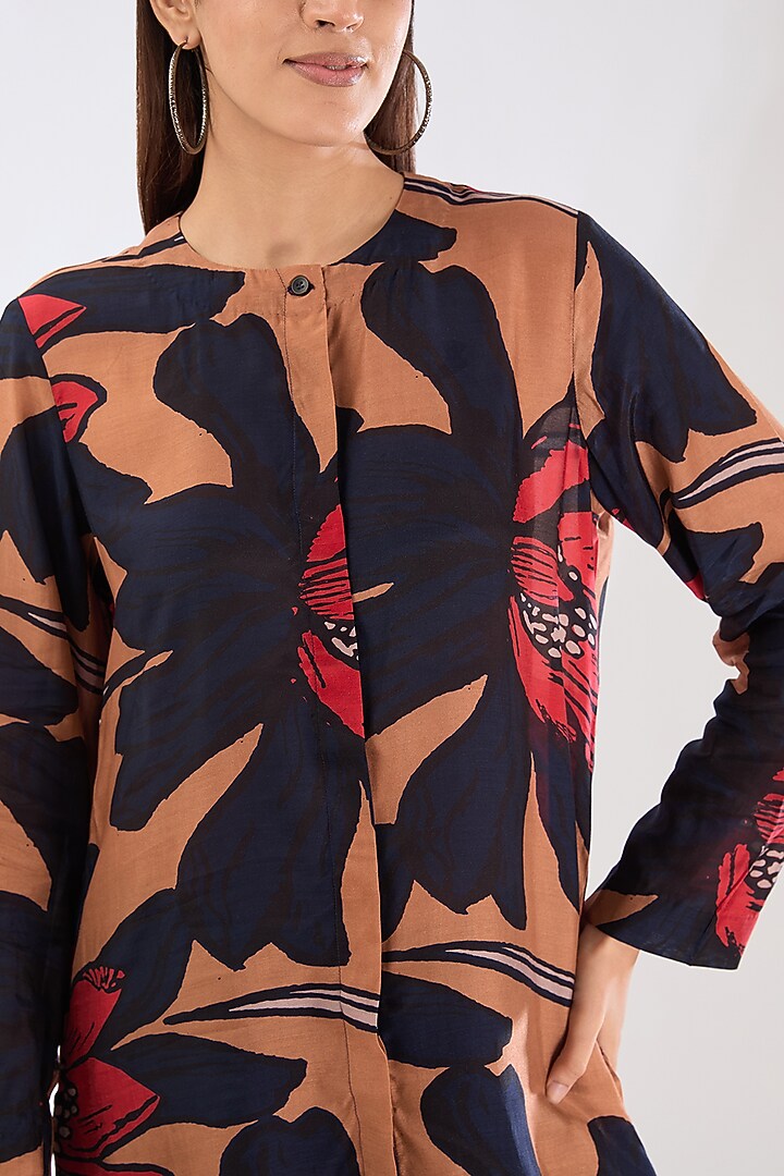 Orange & Brown Chiffon Digital Floral Printed Shirt by Koai at Pernia's Pop Up Shop