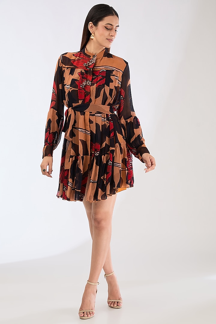 Orange & Brown Chiffon Digital Floral Printed Mini Shirt Dress by Koai at Pernia's Pop Up Shop