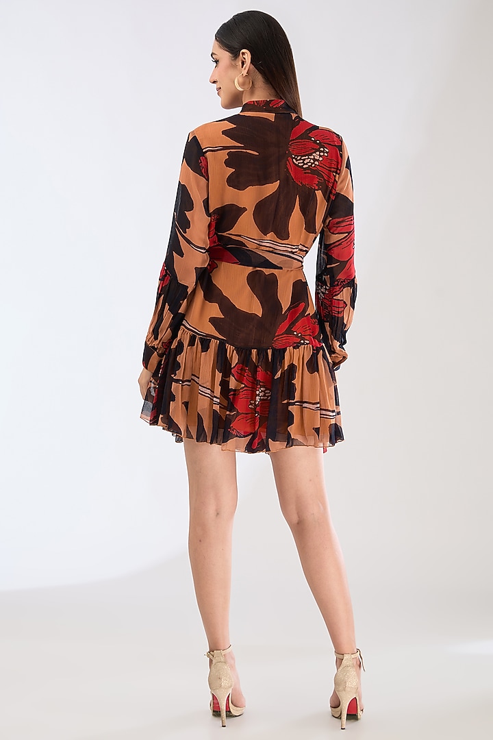 Orange & Brown Chiffon Digital Floral Printed Mini Summer Shirt Dress by Koai at Pernia's Pop Up Shop